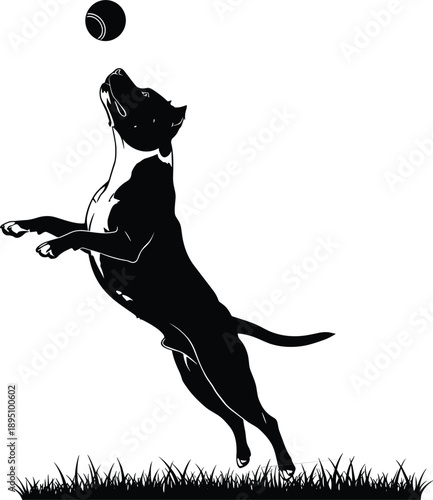 Black dog jumping to catch ball silhouette, playful canine action, pet training concept, animal sport activity, isolated vector illustration