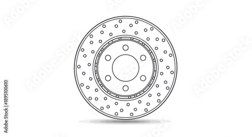 Close-up of a car brake disc with drilled holes on a white background.