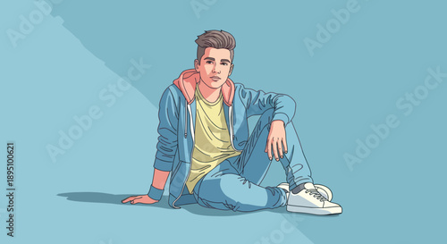Young man in casual outfit sitting on a blue background.
