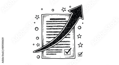Business growth chart with rising arrow and checklist on document success concept