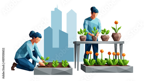 Geometric gardening scene with women planting in urban setting