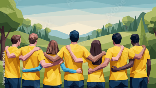 Diverse group embracing nature in low poly art style