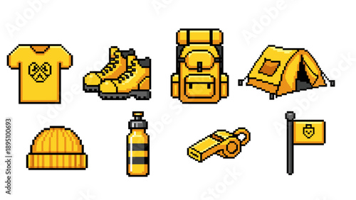 Pixel art camping gear: boots, backpack, tent, and accessories in yellow