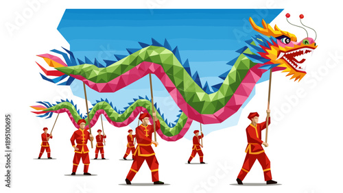 Colorful geometric dragon dance celebrating culture and tradition