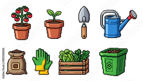 Pixel art gardening tools and plants: retro style icons for horticultural projects