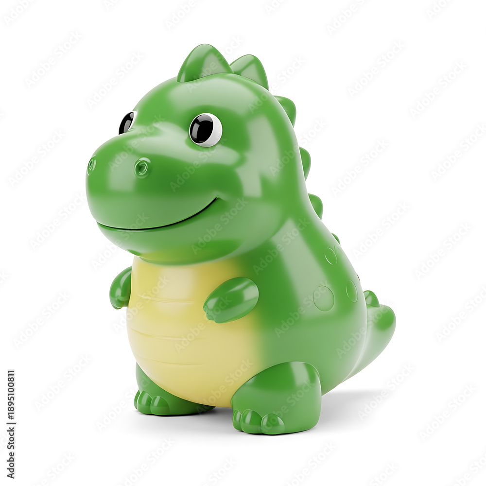 Fototapeta premium Smiling green and yellow dinosaur toy on clean white background
