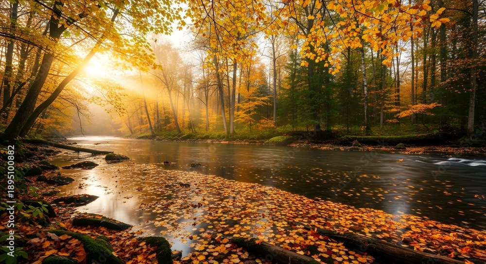 Fototapeta premium Sunlight shining through autumn trees over a leaf-covered stream