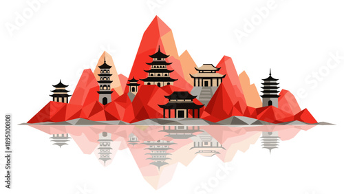 Geometric asian temples with reflective mountains in low poly style