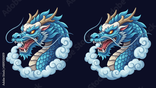 Vibrant mythical blue dragon design with majestic clouds