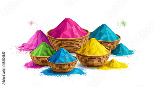 Colorful geometric powders in woven baskets on white background