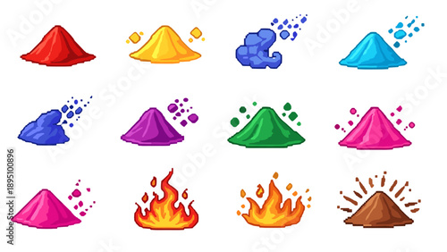 Colorful festival powder and fire elements in pixel art style
