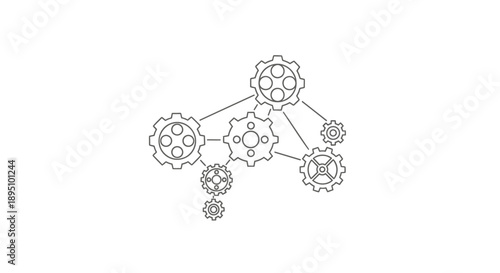 Interconnected gear mechanisms in simple line drawing for business concepts