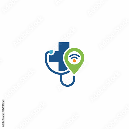 Innovative medical stethoscope icon combined with GPS pin and wireless signal, representing remote healthcare monitoring and telehealth technology.