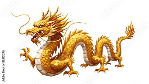 Golden low poly dragon: intricate geometric design on a white background