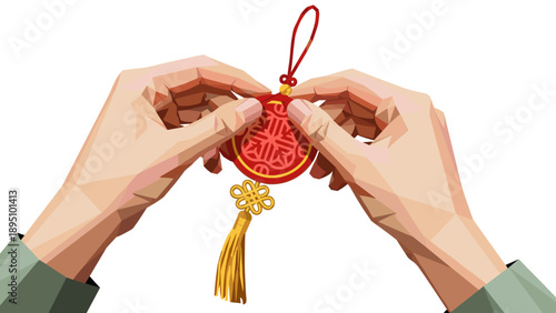 Geometric hands holding chinese new year decoration with red and gold accents