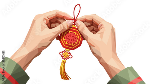 Geometric hands holding festive red lantern decoration on white background