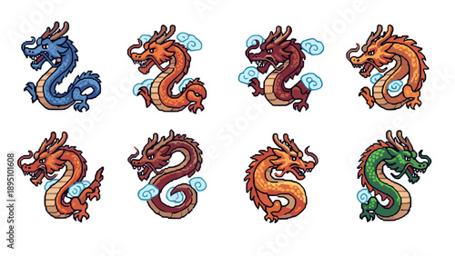 Pixel art dragon icons set: colorful mythical creature designs