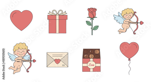 Valentine's Day Icons: Cupid, Rose, Gift Box, Heart, Chocolate, Balloon, Letter