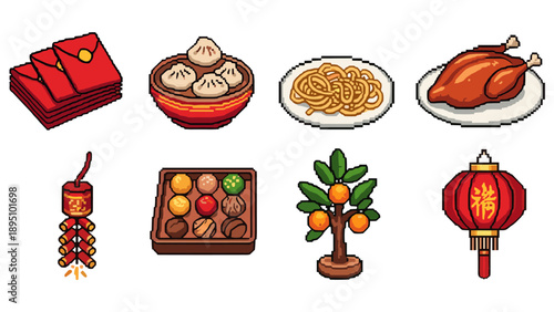 Pixel art icons of traditional asian festive foods and symbols