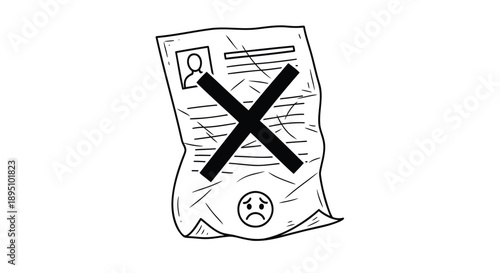 Rejected document with large x marked and sad face icon on crumpled paper