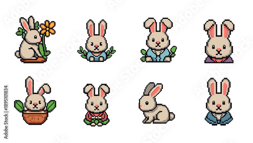 Cute pixel art bunny characters in various outfits and poses