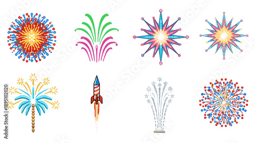 Colorful pixel art fireworks and rocket with unique night sky designs