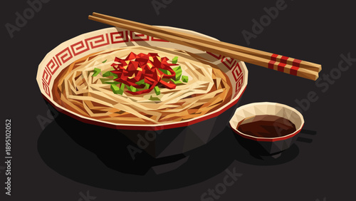 Low poly asian noodle bowl with chopsticks and sauce on dark background