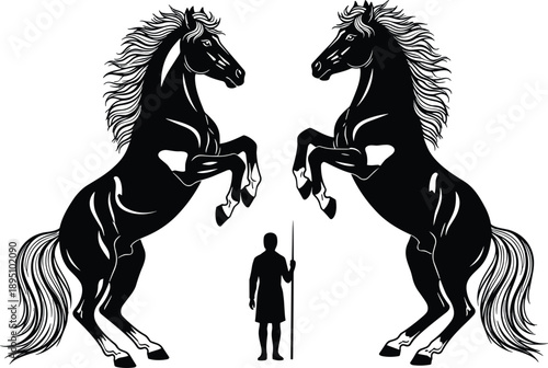 Guardian standing between rearing horses, balance of power and protection symbolism, dramatic fantasy black and white vector illustration, mythological strength and control artwork