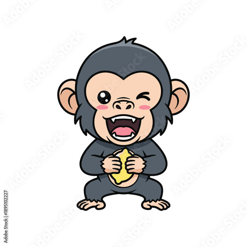 Photography Cute cartoon monkey laughing joyfully holding banana isolated on white backgroun