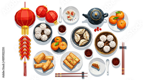 Traditional chinese feast with dim sum, lanterns, and tea set in polygonal style