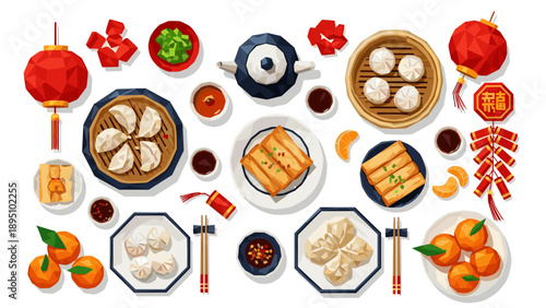 Low poly chinese dim sum feast with lanterns and tea on a white background