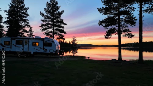 This peaceful camping scene features a modern travel trailer parked by a still lake, beautifully reflecting the warm, pastel hues of a dramatic sunset. Silhouetted trees frame the tranquil waters