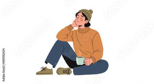 relaxed woman sitting with coffee cup, wearing casual outfit and hat, vector illustration for website or social media