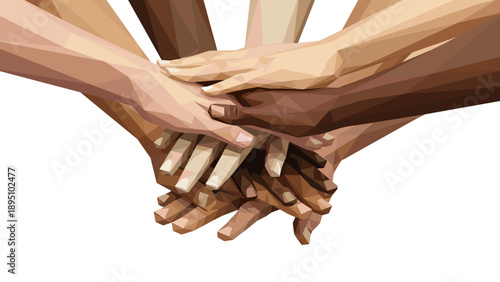 Geometric hands unity: polygon style multi-ethnic teamwork and collaboration