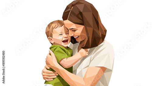 Geometric art style depicting mother and child sharing a happy moment