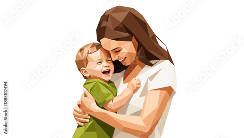 Geometric art mother and child embrace in low poly style
