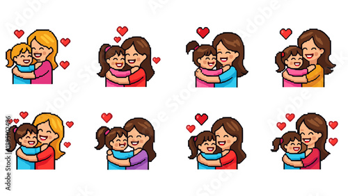 Heartwarming mother and child in pixel art style with love and joyful emotions