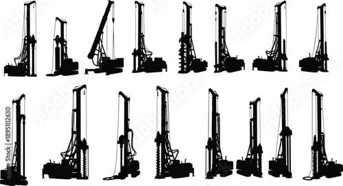 Heavy construction drilling rig silhouettes collection, foundation piling and industrial machinery vector illustration set isolated on white background for engineering projects