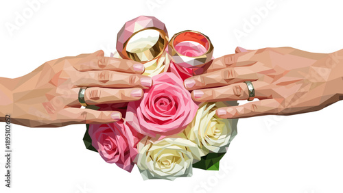 Low poly wedding concept with rings and bouquet of roses