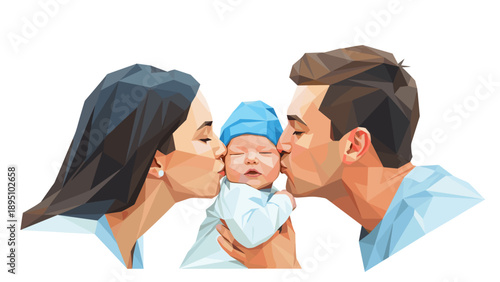Geometric family portrait with infant child in low poly style