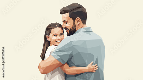 Father and daughter embrace in low poly art style