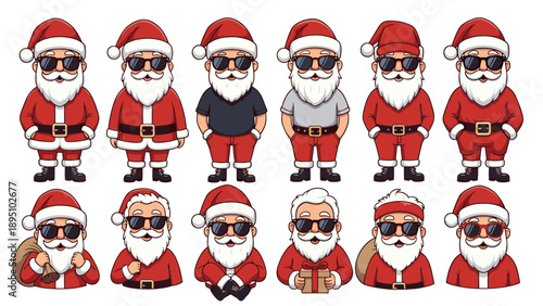 Cool Santa Claus Vector Character Set Wearing Black Sunglasses, Different Poses and Outfits including Casual T-shirt and Traditional Suit, Hipster Christmas Father Character Design