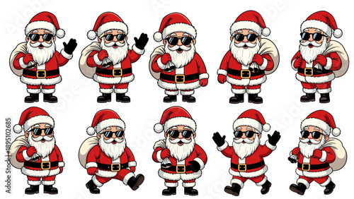 Cool Santa Claus Character Vector Set with Sunglasses Carrying Gift Bag, Different Actions Walking Waving and Running, Hipster Father Christmas Holiday Delivery Mascot Collection