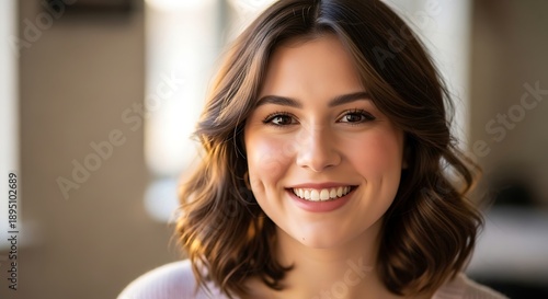 A smiling young woman with brown hair and a blurred background Free Download A smiling young woman with brown hair and a blurred background - GFXLoad