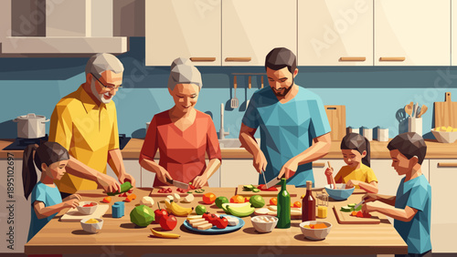 Geometric family cooking together in modern kitchen scene