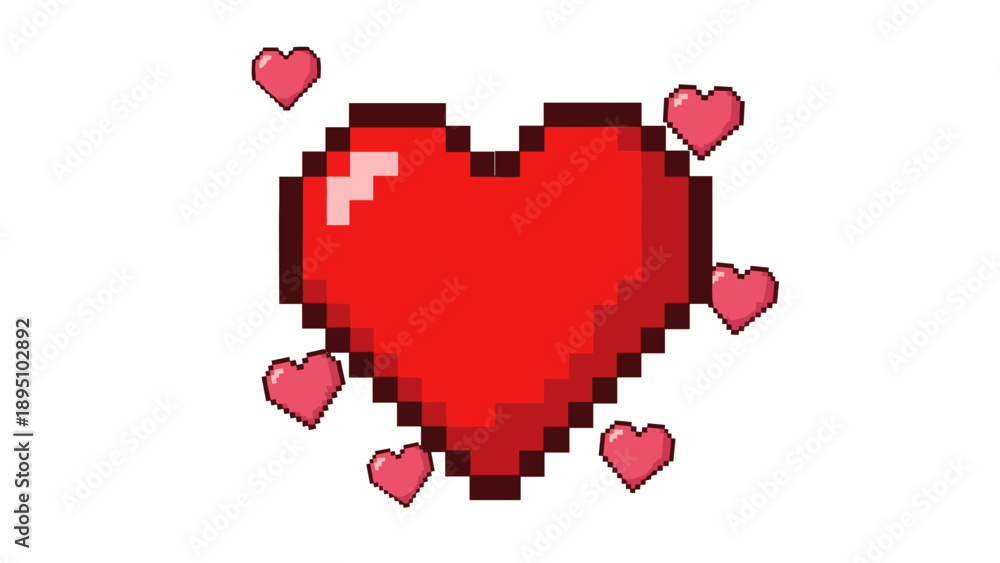 Fototapeta premium Retro pixel heart with smaller hearts on white background