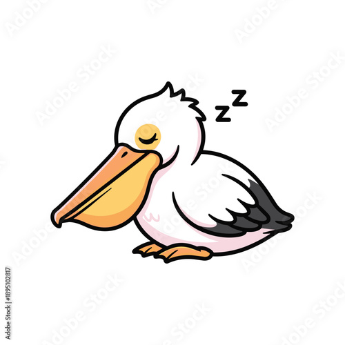 Sleeping cartoon duck with orange beak and feet dreaming with zzz bubbles isolated on white background