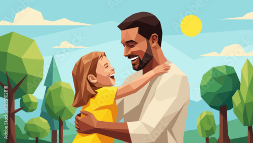 Geometric style family moment with father and child in nature