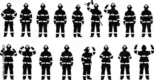 Black and white vector silhouettes of firefighters in protective gear and helmets, emergency rescue worker icons in various professional poses isolated on white background.