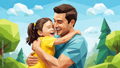 Father and daughter embrace in geometric art style on a sunny day